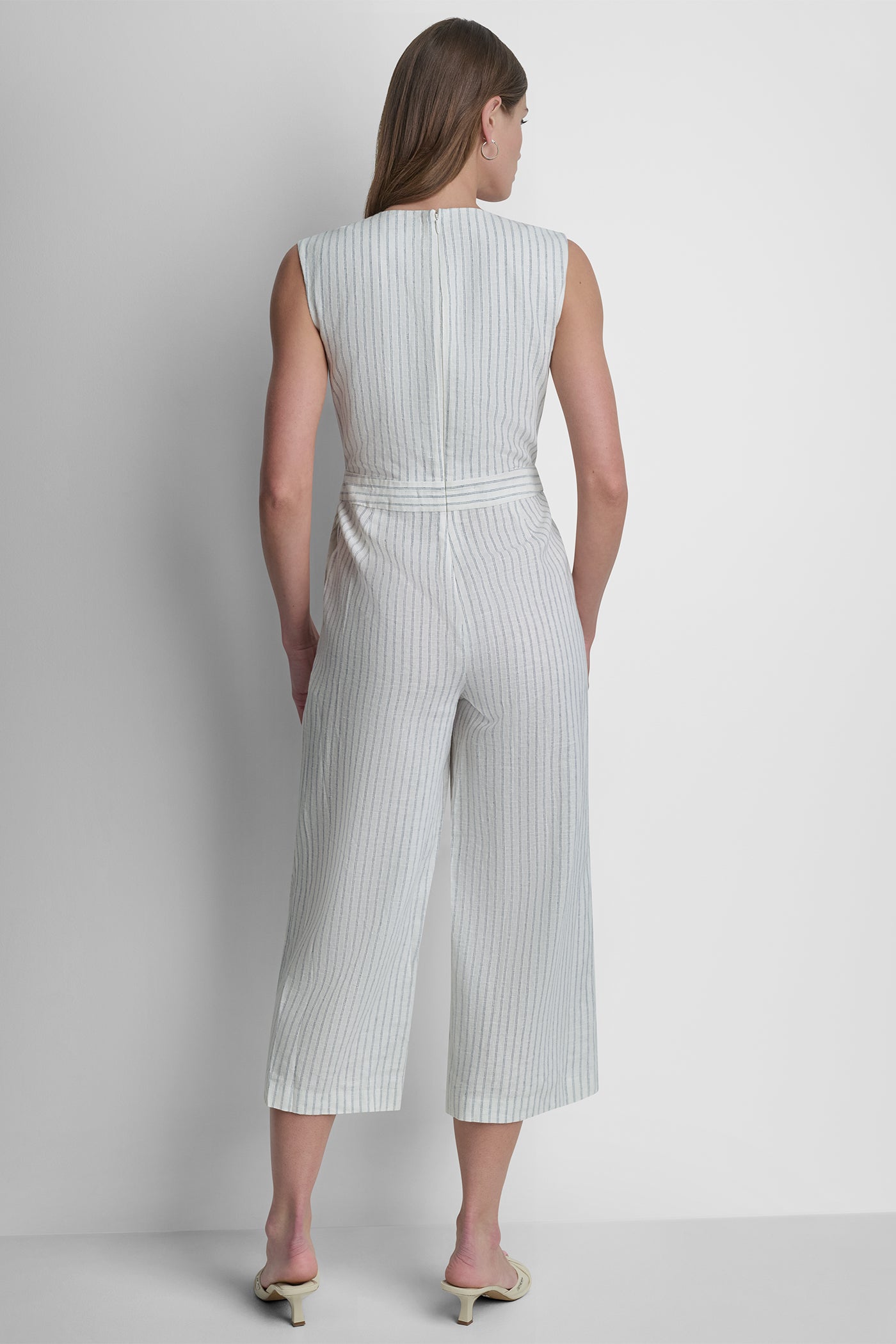LINEN-BLEND SLEEVELESS WRAP-EFFECT V-NECK STRIPED JUMPSUIT - Image 3