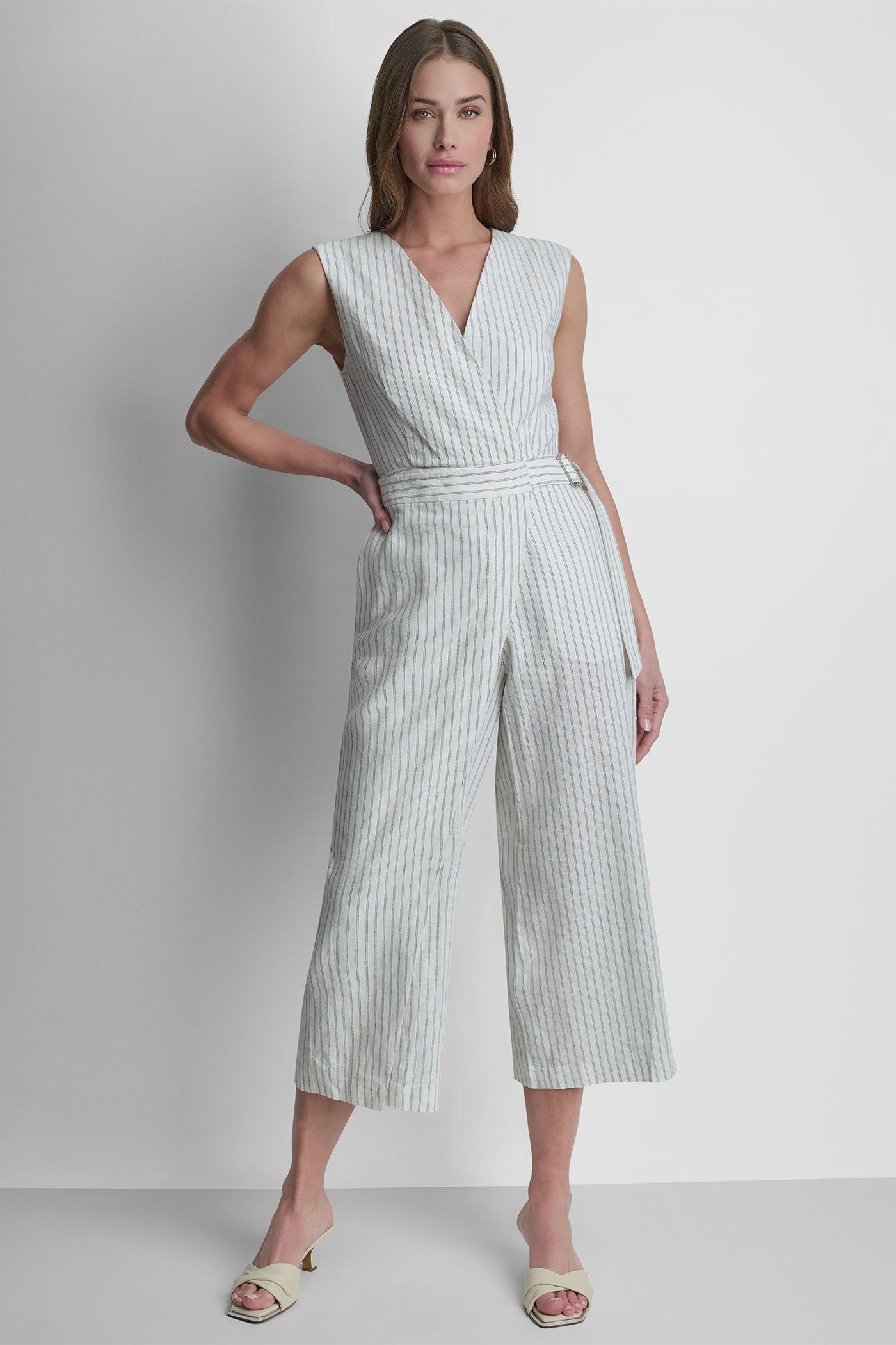 LINEN-BLEND SLEEVELESS WRAP-EFFECT V-NECK STRIPED JUMPSUIT - Image 2