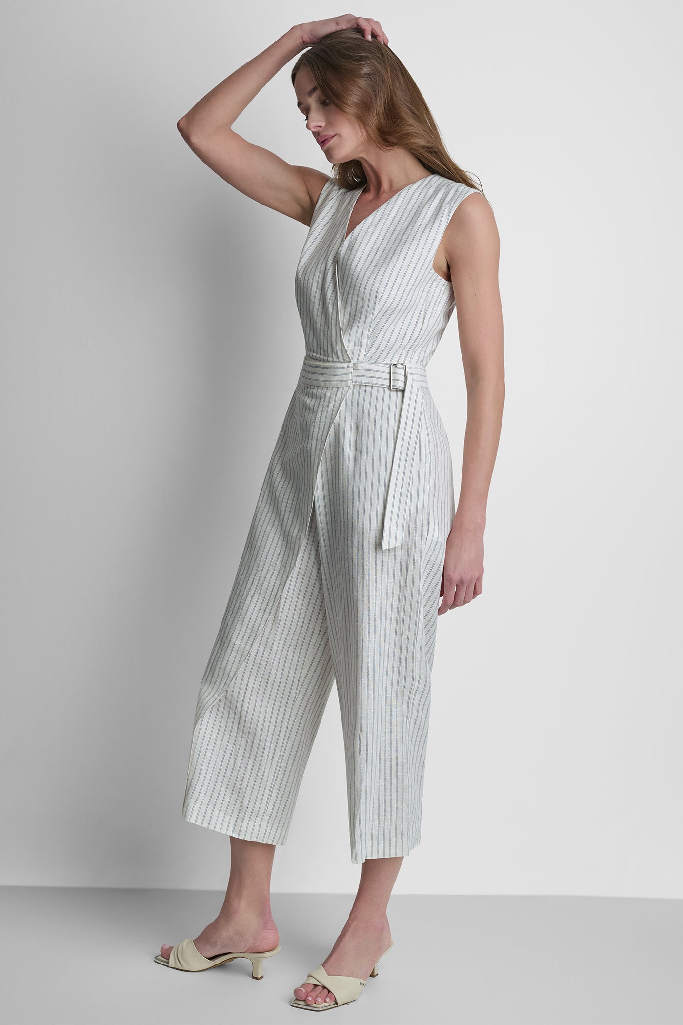 LINEN-BLEND SLEEVELESS WRAP-EFFECT V-NECK STRIPED JUMPSUIT - Image 5