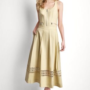 LINEN-BLEND LOOP LACE-TRIMMED PLEATED MIDI SKIRT