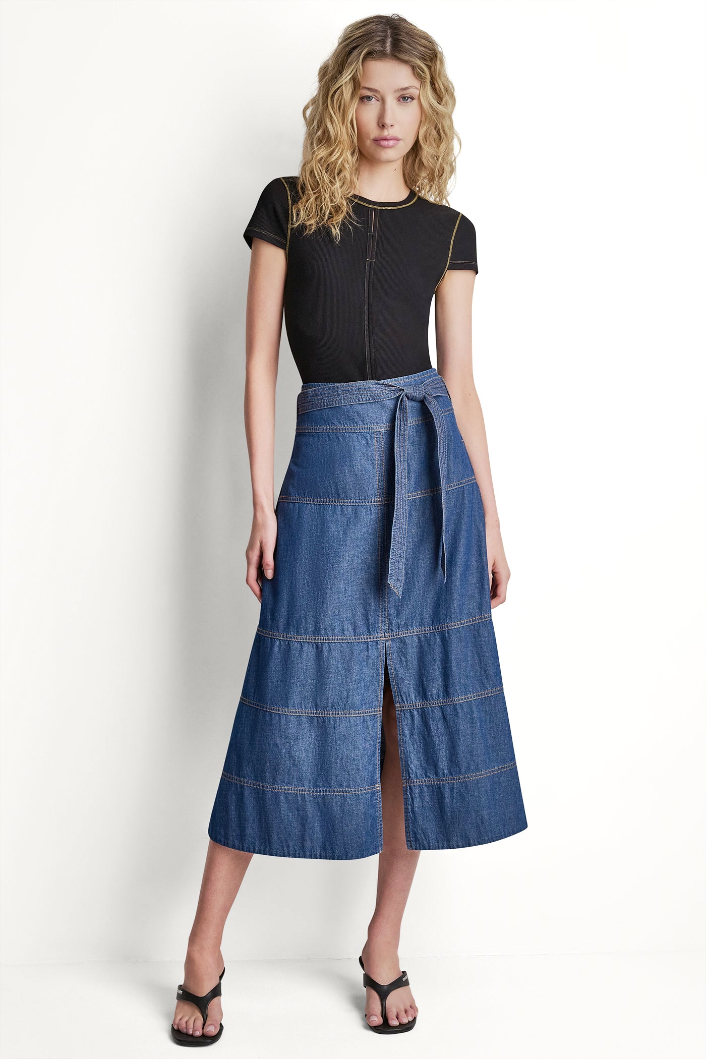 TIE WAIST CONTRAST STITCH SKIRT - Image 5
