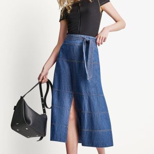 TIE WAIST CONTRAST STITCH SKIRT