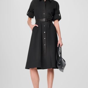 ROLL TAB BELTED POPLIN DRESS