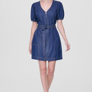 PUFF SLEEVE BELTED DENIM DRESS