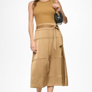 TIE WAIST CONTRAST STITCH MIDI SKIRT