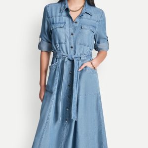 LONG SLEEVE ROLL TAB TENCEL CARGO DRESS