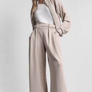 PINSTRIPED PLEATED STRAIGHT-LEG PULL-ON PANT