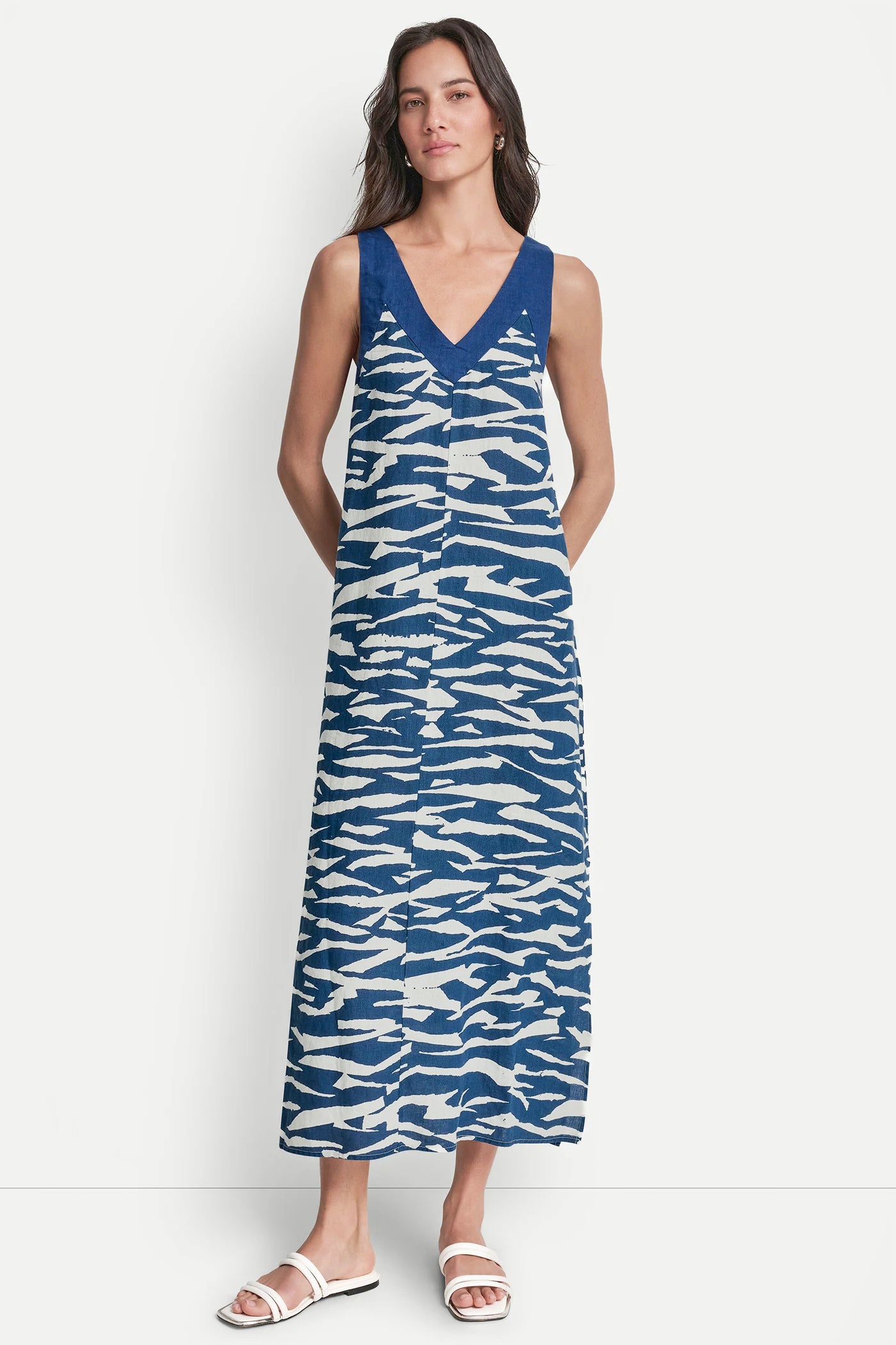 LINEN SLEEVELESS COLOR-BLOCK MIDI DRESS - Image 4