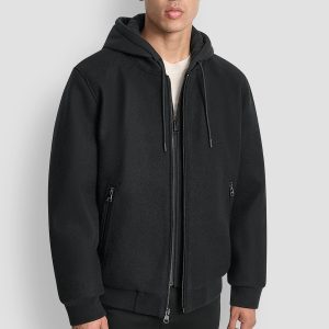 FAUX WOOL BOMBER WITH HOODED BIB