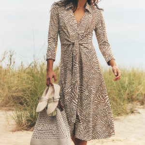 3/4 SLEEVE ZEBRA PRINT TIE-FRONT MIDI SHIRT DRESS