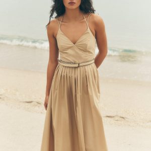 STRAPPY V-NECK MAXI DRESS WITH RAFFIA BELT